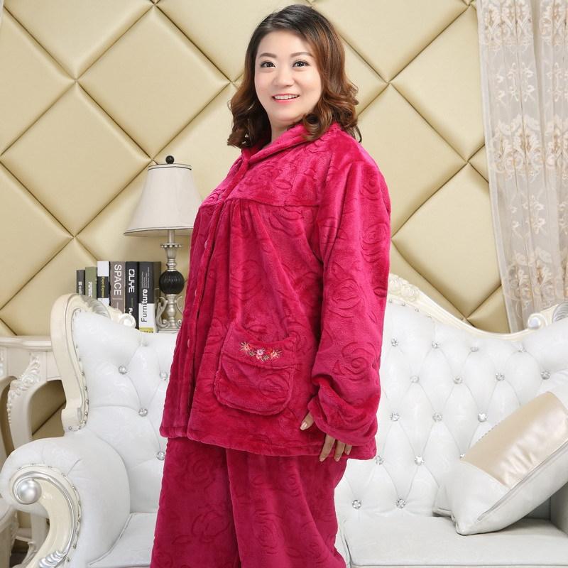 Fat MM Winter Long Sleeve Cardigan Thickened Flannel Pyjamas 5XL Older Plus Size Pyjamas Set