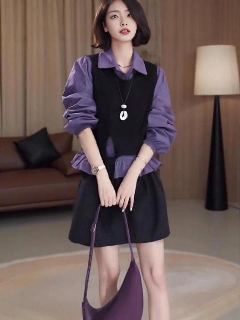 Осенний школьный стиль OOTD для женщин 2025: Двухпредметный комплект: вязаный жилет и рубашка