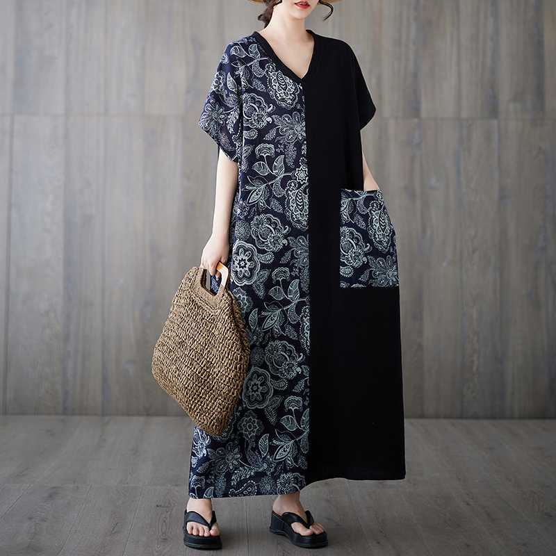 Cotton and Linen Retro Slimming Short Sleeved Color Blocked Dress for Women