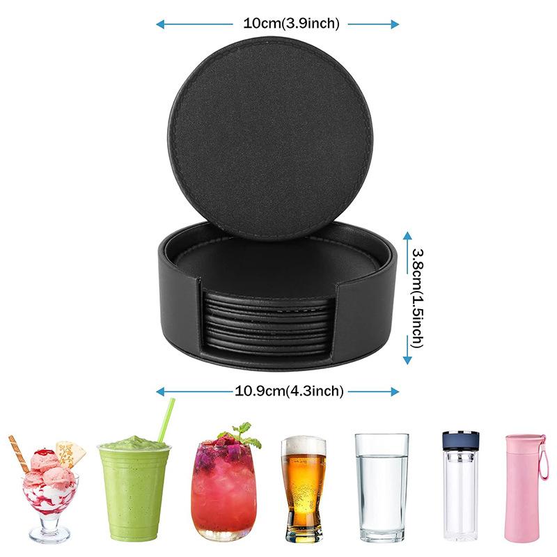 PU Leather Coasters for Drinks with Holder Set of 6 Coffee Mats Protect Furniture from Hot or Cold Water Marks And Damage
