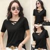 Женская однотонная футболка с V-образным вырезом и коротким рукавом, свободная летняя повседневная блузка, футболка