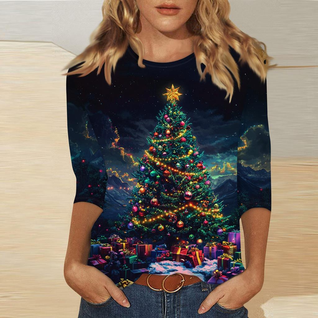 Женская мода повседневная три четверти рукава рождественский принт круглый вырез пуловер топ