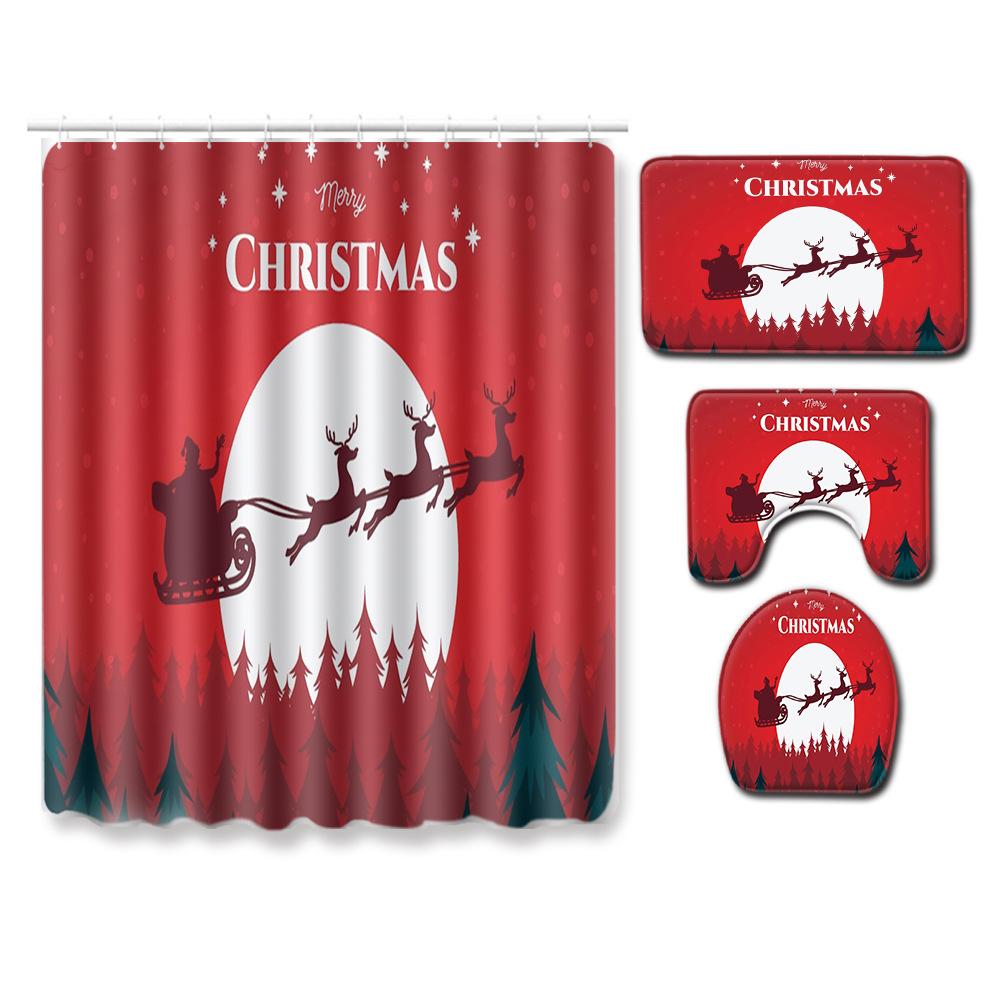 Christmas Bathroom Shower Curtain Toilet Floor Mat Four-Piece Bathroom Non-Slip Door Mat Kitchen Bedroom Absorbent Carpet