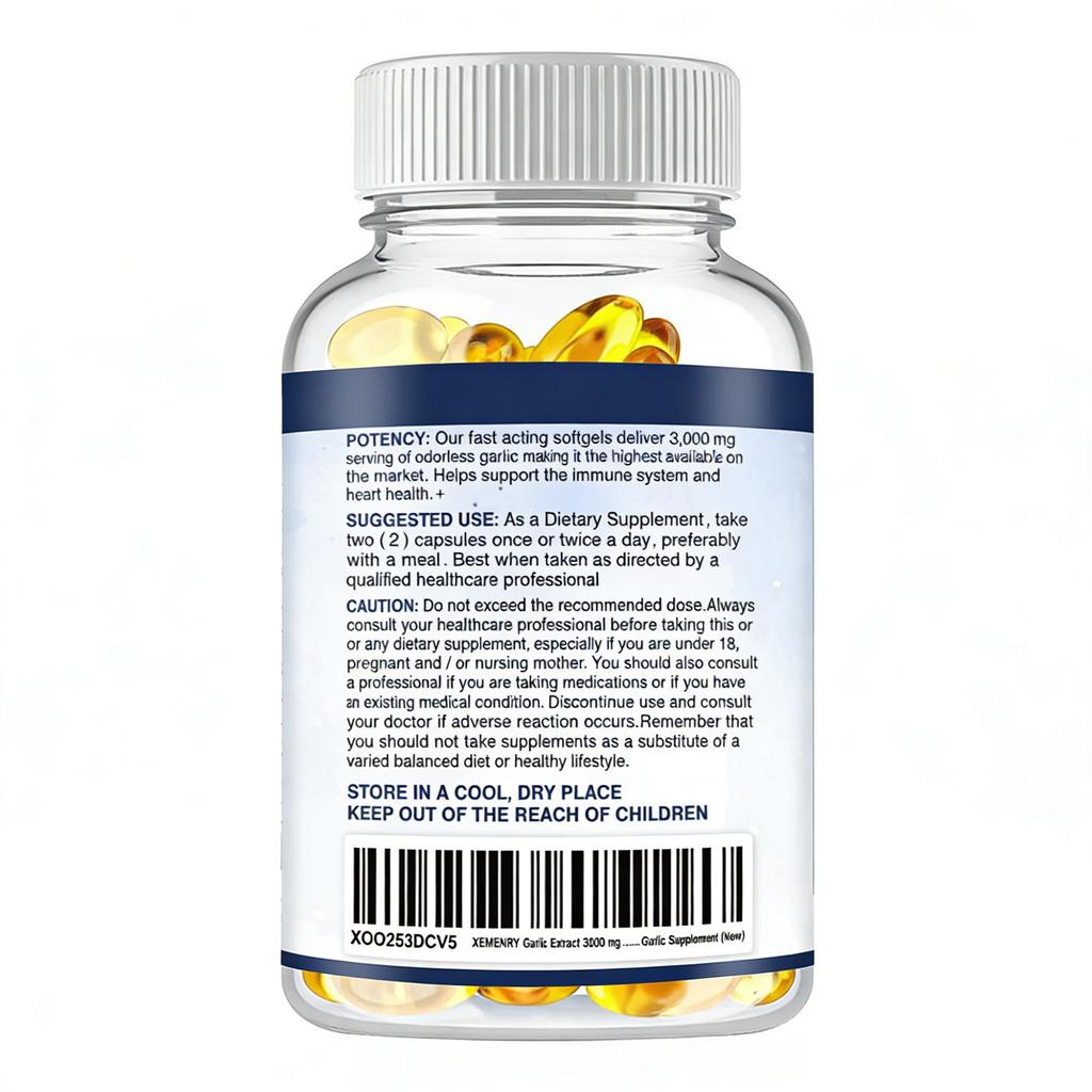 XEMENRY - Odorless Garlic Capsules - 3000mg Garlic Extract - Immune System & Cardiovascular Health