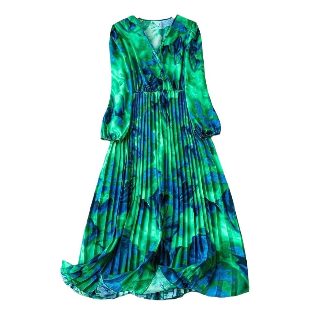 Весенне-осеннее женское платье больших размеров с принтом тай-дай, плиссированное платье на талии, платья с длинным рукавом и V-образным вырезом