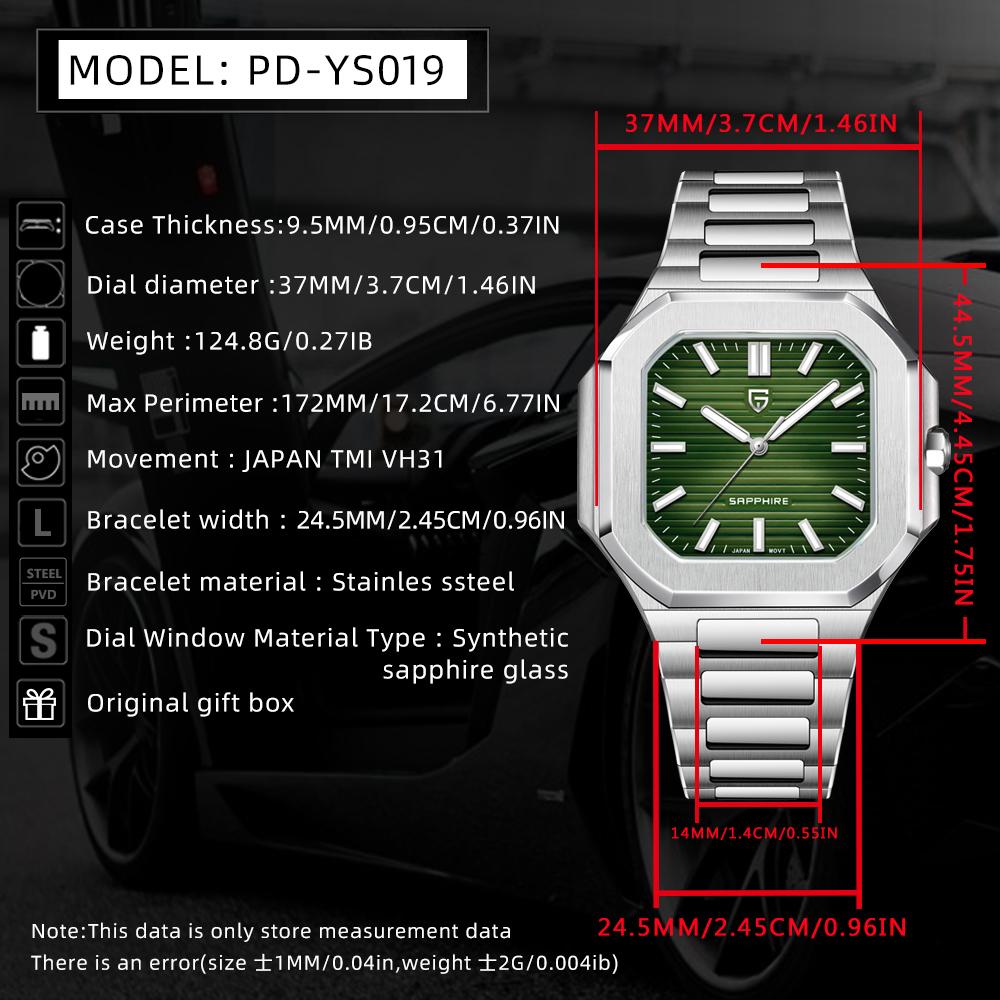 PAGANI DESIGN New Men's Watches Luxury Square Quartz Watch For Man Wristwatches Waterproof AR Sapphire Mirror Stainless Steel