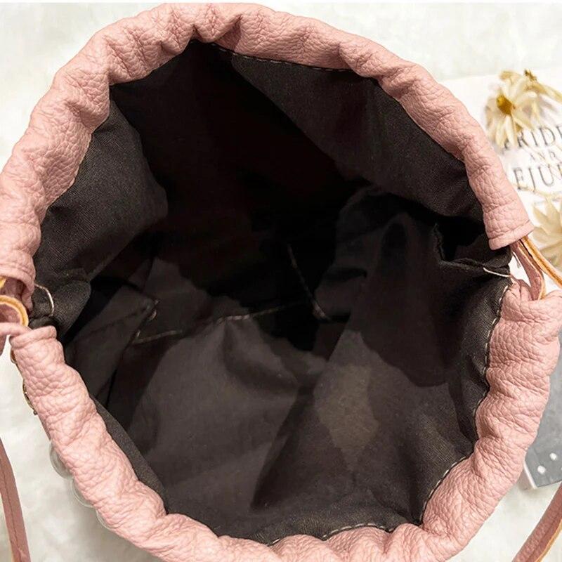 Pearl Chain Handbag Fashion PU Bucket Shoulder Bag For Lady
