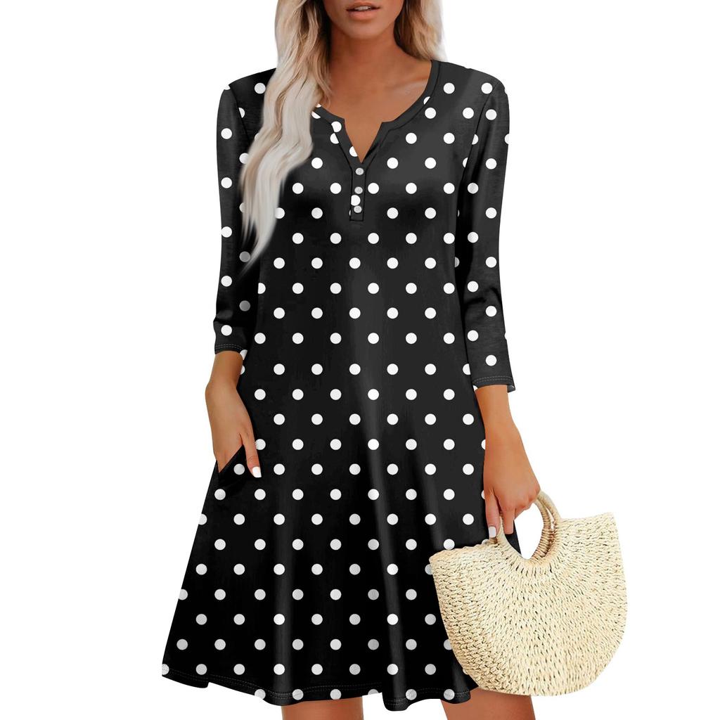 Women's Summer Dress Loose V Neck Three-quarter Sleeve Sundress With Pockets Dress