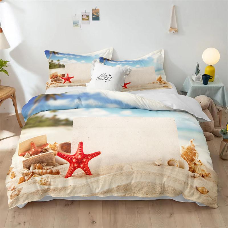 Beach Theme Duvet Cover Set Blue Ocean Bedding Set King Queen For Kids Girls Microfiber Seashell Starfish Print Comforter Cover