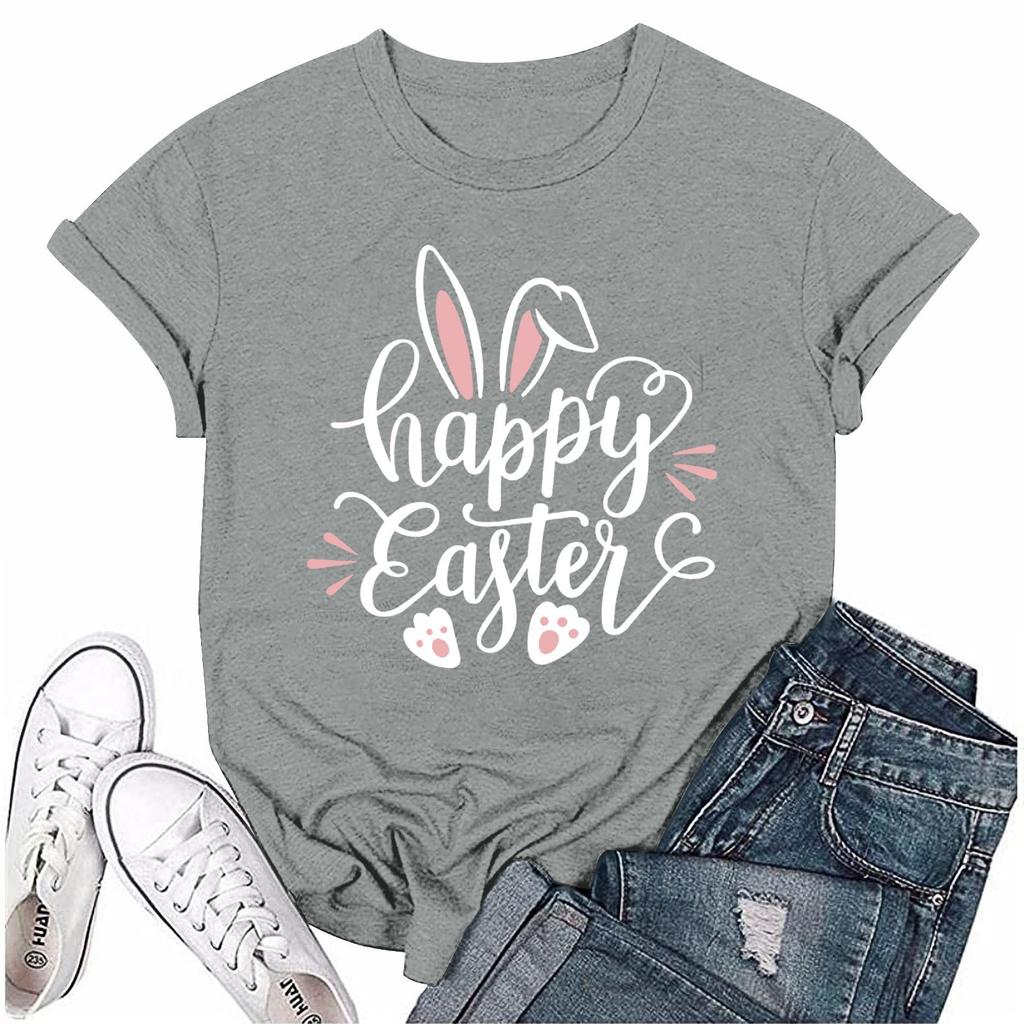 Женская модная пасхальная принтованная повседневная плиссированная круглая футболка с коротким рукавом