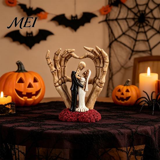 Skeleton Couple Separation Decor And Hand Ornament, with Rose Base, Durable Hands Heart Ornament Resin Gothic Skull Wedding Decor, for Halloween