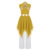 Костюм для танца хвалы для девочек: Асимметричное металлическое платье без рукавов и удобные брюки с широкими штанинами на эластичной талии