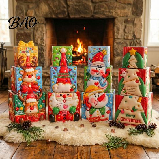 Plastic Festive Storage Bins 3Pcs Christmas Stackable Gift Box, Layered Cube Boxes with Santa Holiday Containers Snowman Reindeer, Tabletop