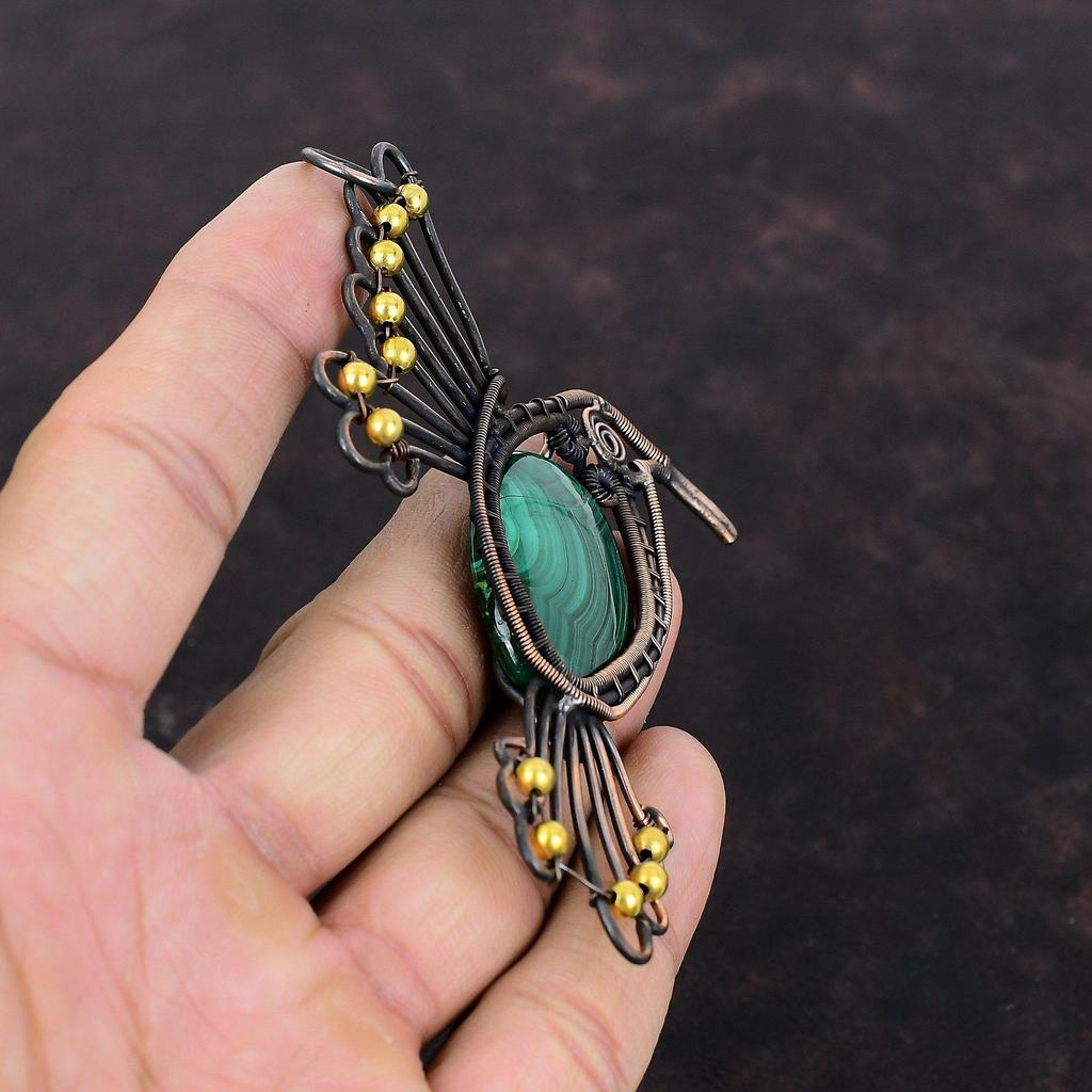 Малахитовый кулон, медная проволока, кулон, ювелирные изделия из натурального драгоценного камня, кулон ручной работы, медная проволока, ювелирные изделия, подвеска в виде птицы, подарок для женщин