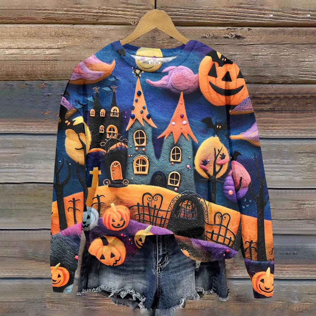 Ladies Fashion Casual Long Sleeve Halloween Printed Round Neck Hoodie Top