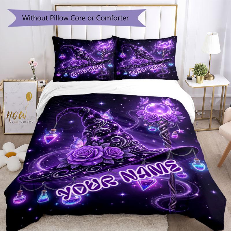 3pcs Custom Name Purple Magic Hat Bedding Set Printed Bedding Set Duvet Cover Closure Includes 1 Duvet Cover & 2 Pillowcases Bedroom Decor
