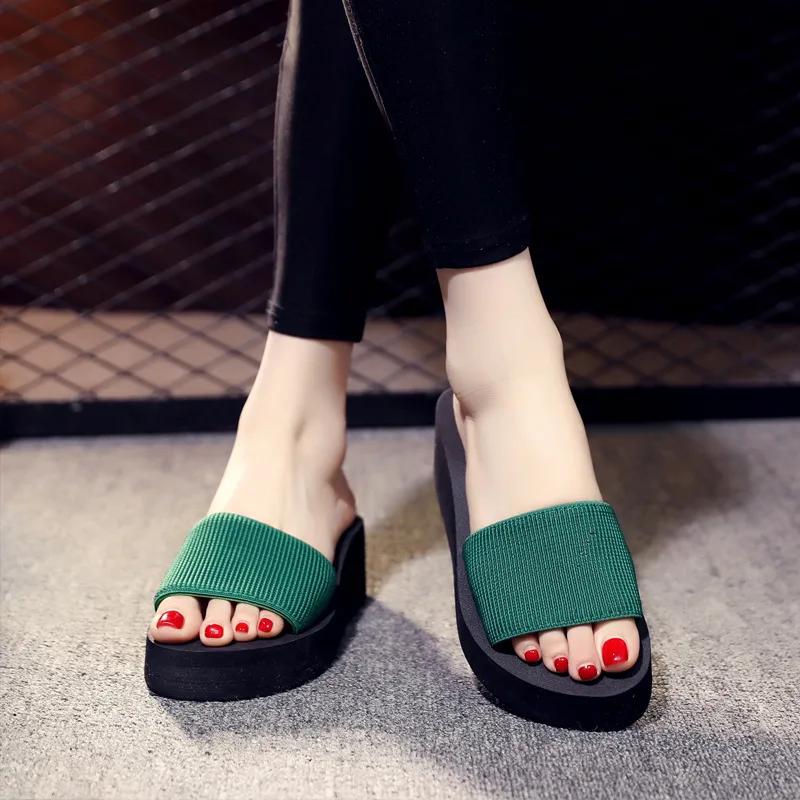 Fashion Slippers women's summer foam sandals high heels thick soles anti-skid flip flops fashionable outer stripes Korean beach slippers