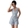 Elegant and Refined Button-down Waistcoat Striped Shorts Set for Women's Spring and Summer