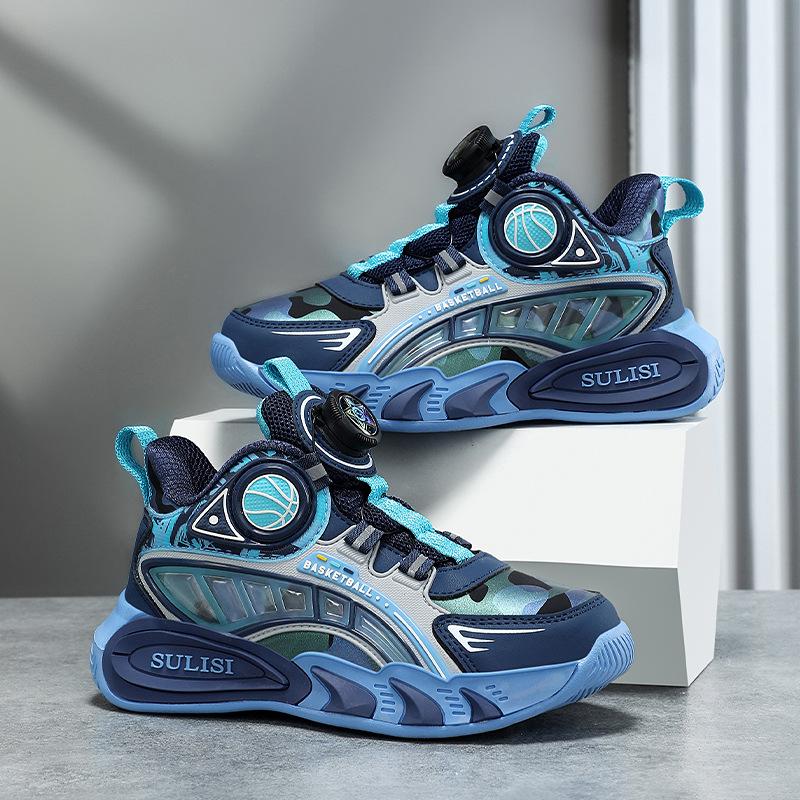 208 Students Children's Fashion Rotating Buckle Sports Shoes Running Shoes Boys Autumn and Winter Leather Surface Primary School Students Casual Sh