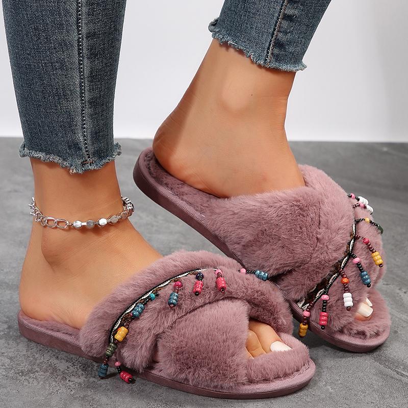 Fashion Fashion Tassel Decor Fur Slippers for Women Open Toe Cross Strap Plush Home Slippers Woman Autumn Winter Cozy Warm Fluffy Slides