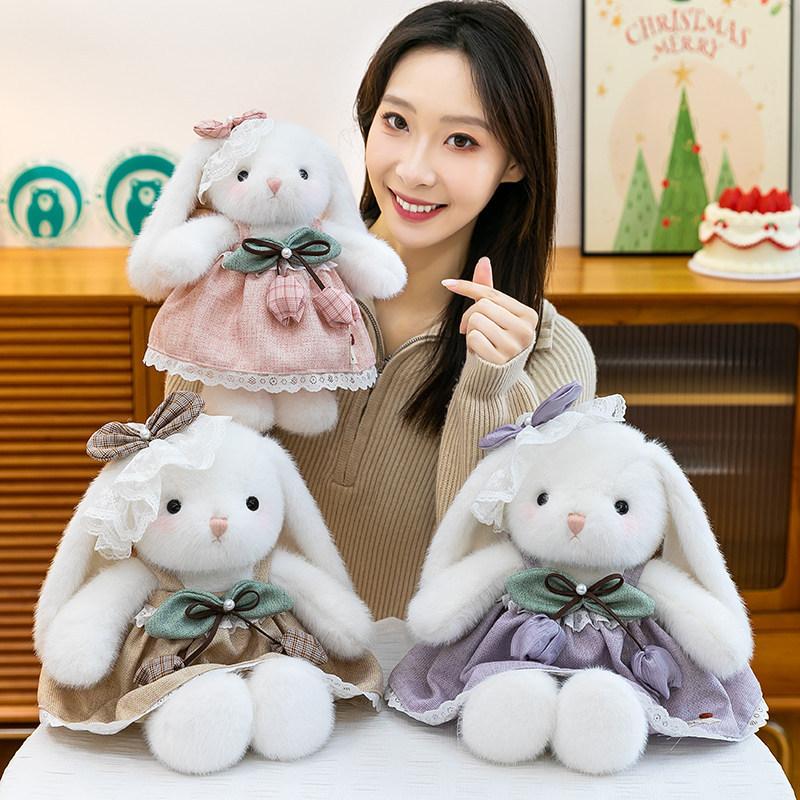 Plush Rabbit Toy With Dress And Bow Decoration For Girls And Kids Snuggle Pillow