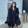 Premium Black Suit Jacket for Women, Sophisticated Long Loose Fit Blazer with Casual Style for Autumn
