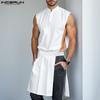 Two-piece Suits Men Stand Neck Sleeveless Tops Splits Pleated Skirts Outfit Casual Sets