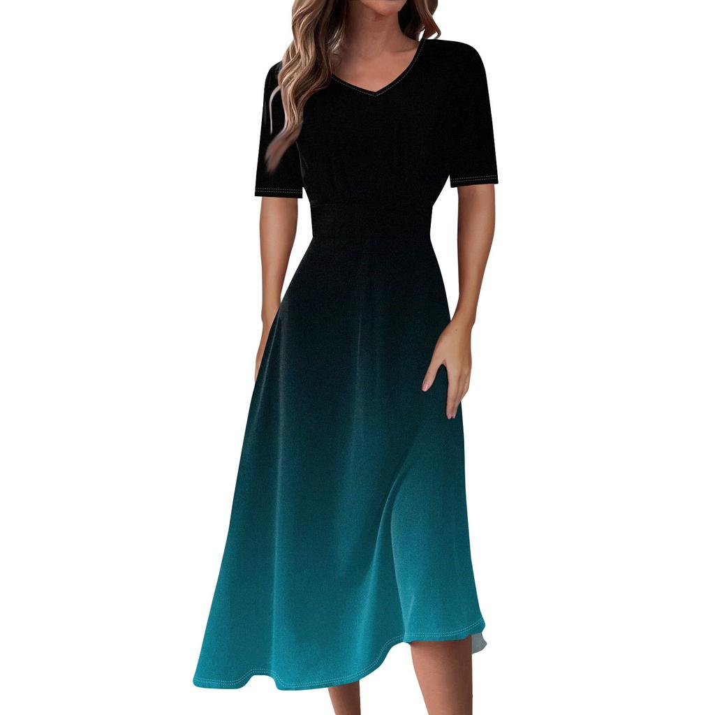 Ladies Casual Fashion Gradient Print V-Neck Short Sleeve Waist Long Swing Dress