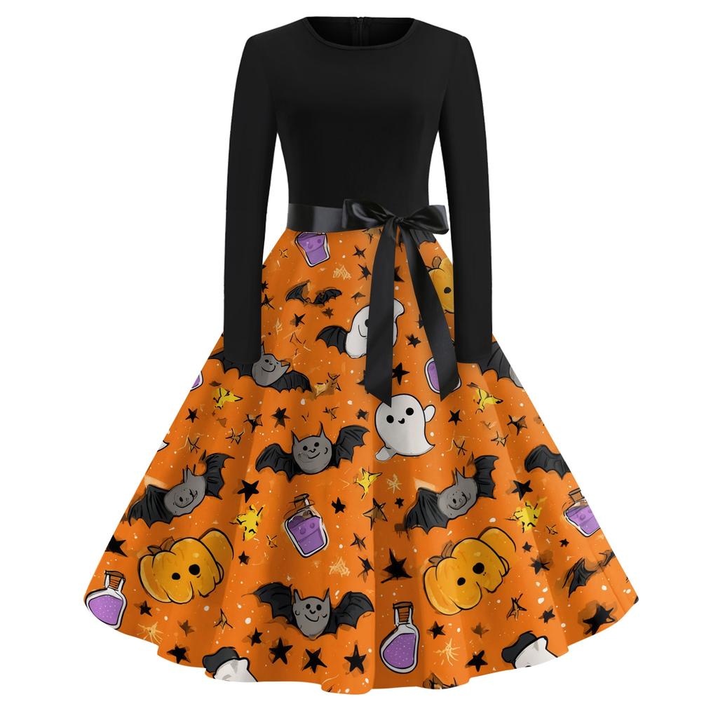 Women Casual Vintage Halloween Dress Long Sleeve Round Neck Fit and Flare Midi Dress with Halloween Tree and Ghost Print and Waist Tie