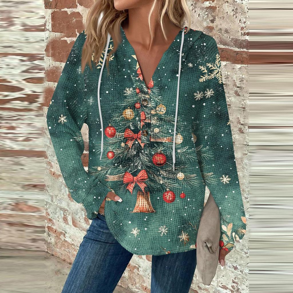 Women's Fashion Casual Long Sleeve  Drawstring Button V-Neck  Hooded Christmas Printed Sweatshirt Top