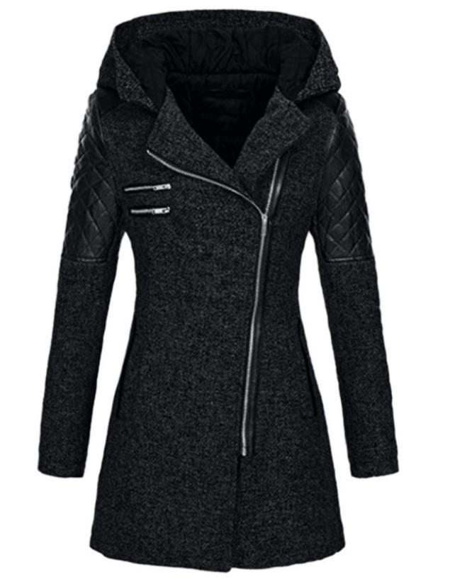 Women's Mid-Length Woolen Hooded Windbreaker with Oblique Zipper - Warm Winter Coat