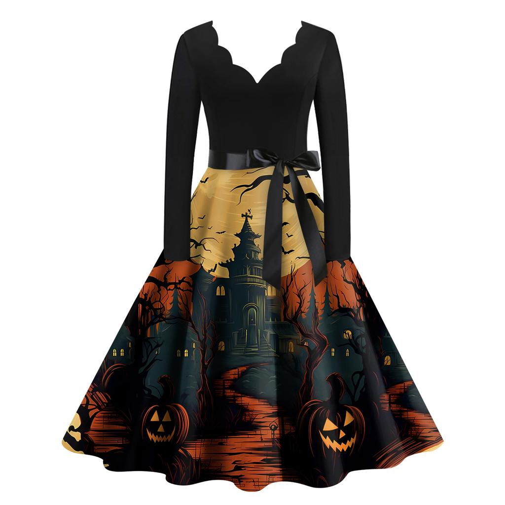 Хэллоуин Женское Повседневное Модное Платье с V-образным Вырезом и Принтом В Винтажном Стиле