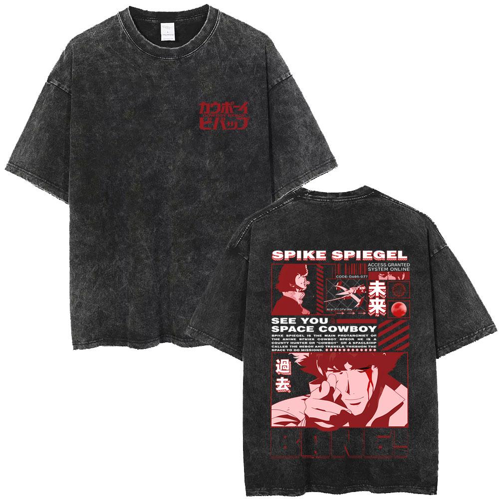 Washed Vintage Anime Cowboy Bebop Spike Spiegel See You Space Cowboy Graphic T-shirt Men Women Manga Retro Oversized T Shirts
