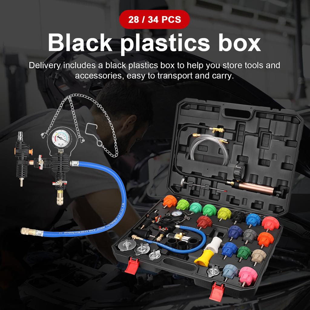 34-Piece Universal Radiator Pressure Tester Kit Automotive Vacuum Cooling Sytem Refill Kit Leak