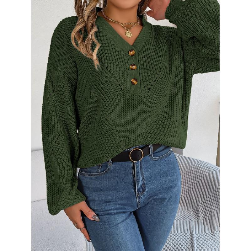 Женский свитер-пуловер с V-образным вырезом, пуговицами и рукавами-фонариками, осенне-зимняя модель