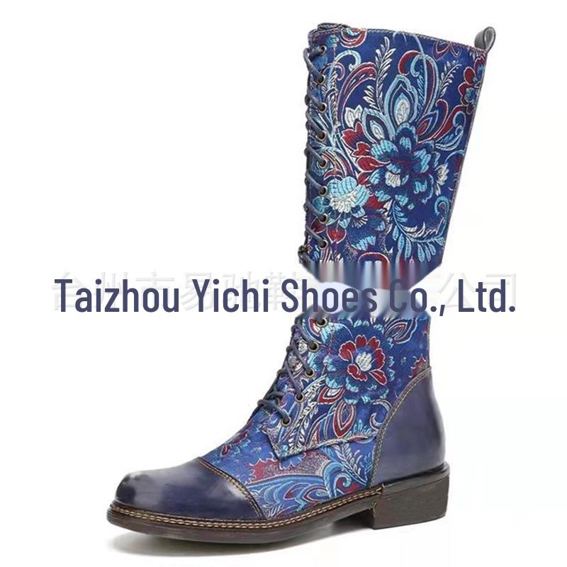 Женские рыцарские сапоги до середины голени с этническим принтом «тотем» и квадратным каблуком