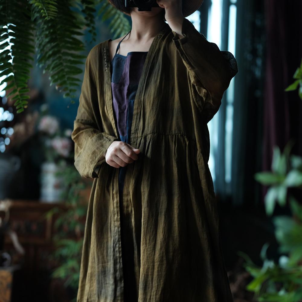 Johnature Women Vintage Trench Solid Color Long Sleeve Autumn Coats V-Neck Chinese Style Cardigan Trench