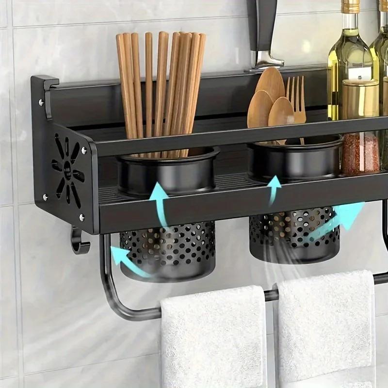 1pc Kitchen Wall-mounted Spice Storage Rack With Hooks, Hanging Tableware & Utensils Holder, Household Storage Organizer
