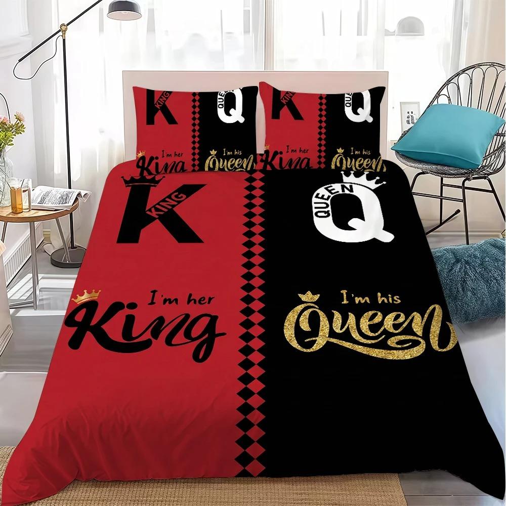 King and Queen Bedding Set Couple Duvet Cover Black Red Gold Print 2/3Pcs Bedroom Decor for Lovers Single Double Size