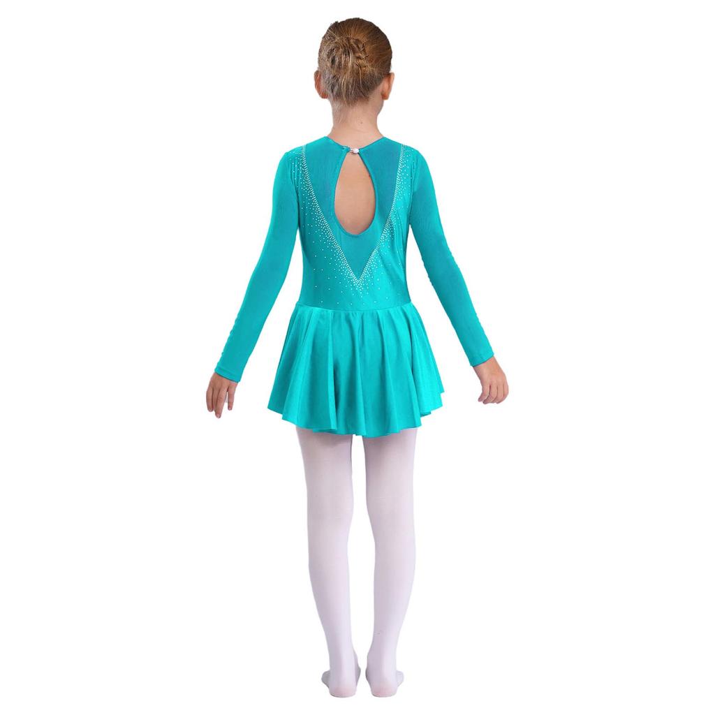 Детское стильное платье для катания на коньках для девочек с длинным рукавом и V-образным вырезом, стразами, лоскутным шитьем, открытой спиной, танцевальная одежда