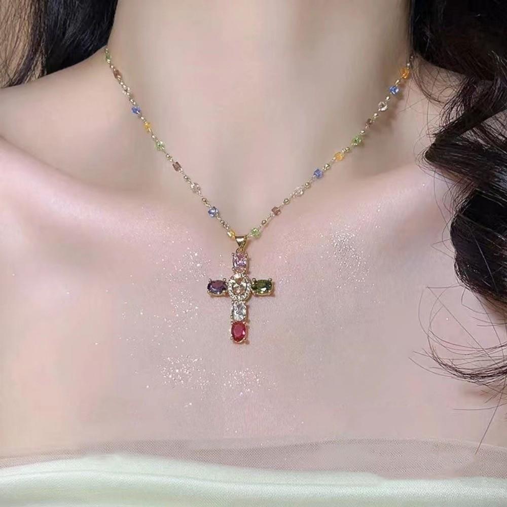 Y2K Cross Pendant Necklace Crystal Beaded Clavicle Chain Fashion Beads Necklaces Women