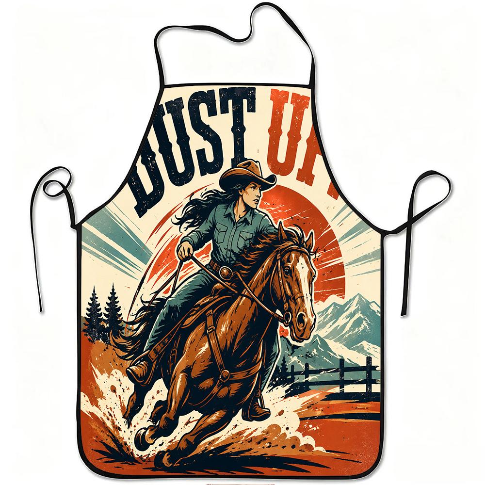 1pc Dust Up Cowboy Horse Riding Vintage Western Style Print Apron, Durable and Easy to Clean, Adjustable Waistband, Polyester Material, for Kitchen Co
