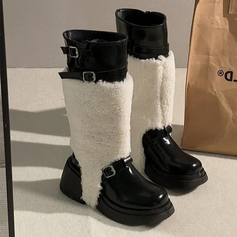 Сапоги на меховой платформе, женские, дизайнерские, новые, на среднем каблуке, женская обувь, тренд 2024 года, зимние сапоги, модные зимние сапоги «Челси», женская обувь
