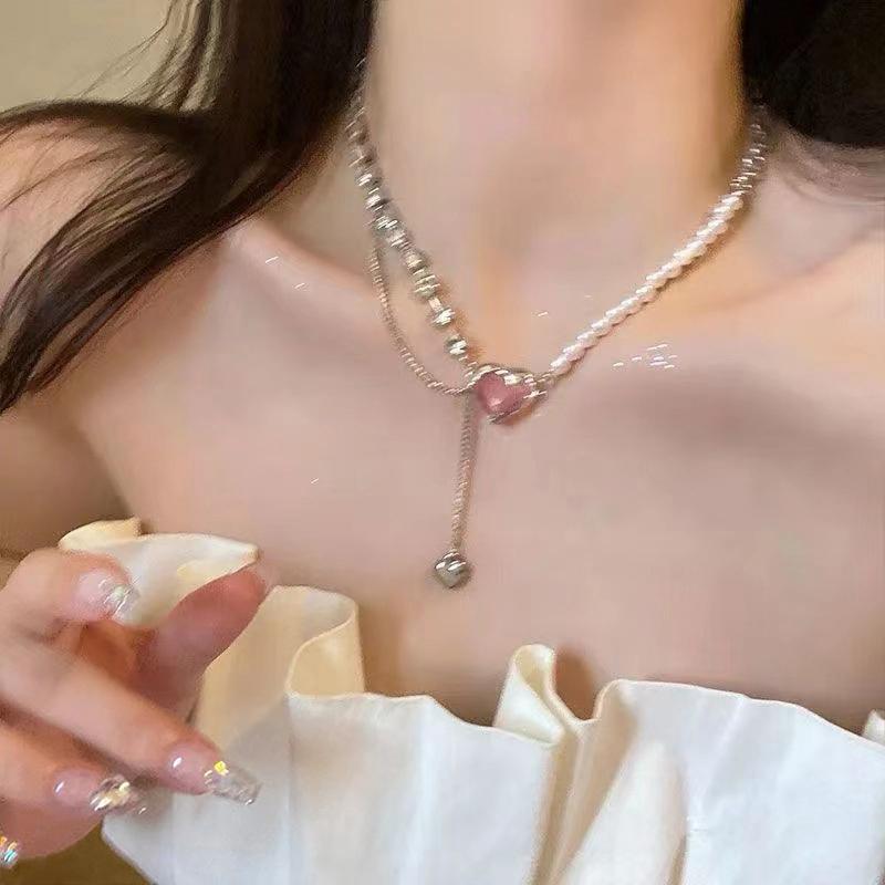 Корейское ожерелье с подвеской в виде сердца из жемчуга и циркония для женщин и девочек, колье с цепочкой в стиле панк, асимметричное ожерелье с ключицей, эстетика Y2K