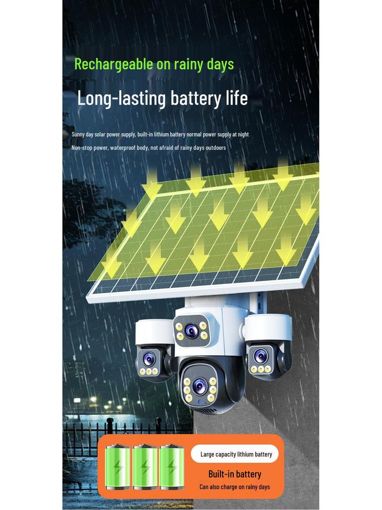 Triple Lens 4G Outdoor Camera: 360° Wide-Angle, Night Vision, Voice Intercom, Solar-Powered, Waterproof Monitoring