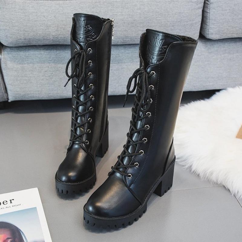 Зимние женские сапоги на толстом каблуке со шнуровкой Модная женская обувь на платформе Высокие женские сапоги на молнии Осенние туфли до середины голени