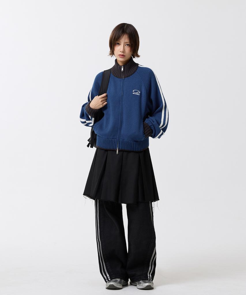 ODDSTUDIO Sporty Track Semi-Crop Knit Zip-Up - Blue