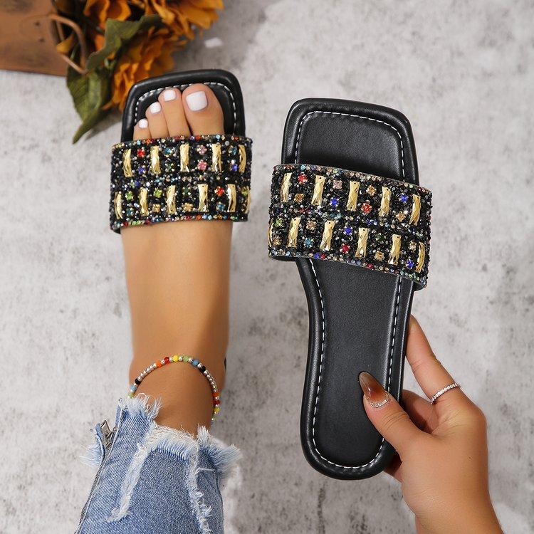 Тапочки на плоской подошве женские роскошные золотистые пляжные туфли с кристаллами летние сандалии женские новые шлепанцы повседневные шлепанцы Zapatillas Mujer