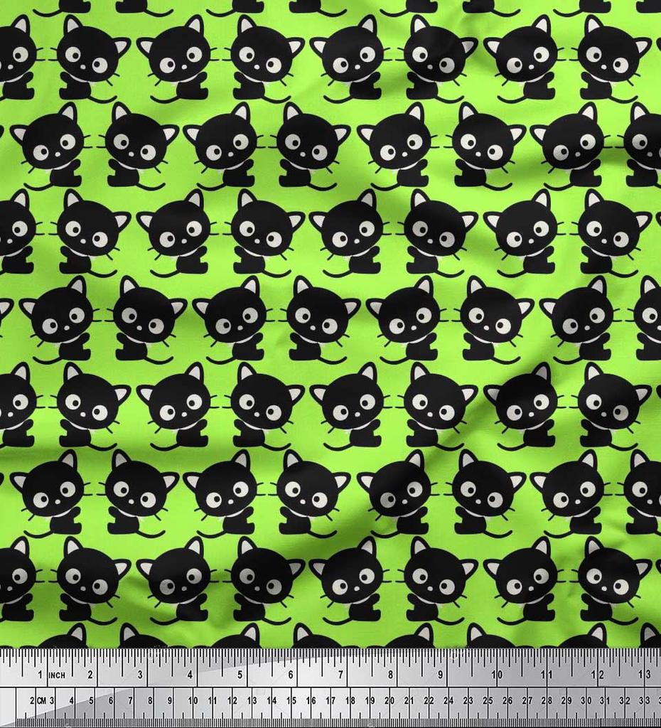 Soimoi Japan Crepe Satin Fabric Cat Cartoon Print Fabric by metre 42 Inch