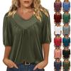 Women's Fashionable Solid Color V Neck Five Quarter Sleeve Pleated Casual Loose Pullover Top
